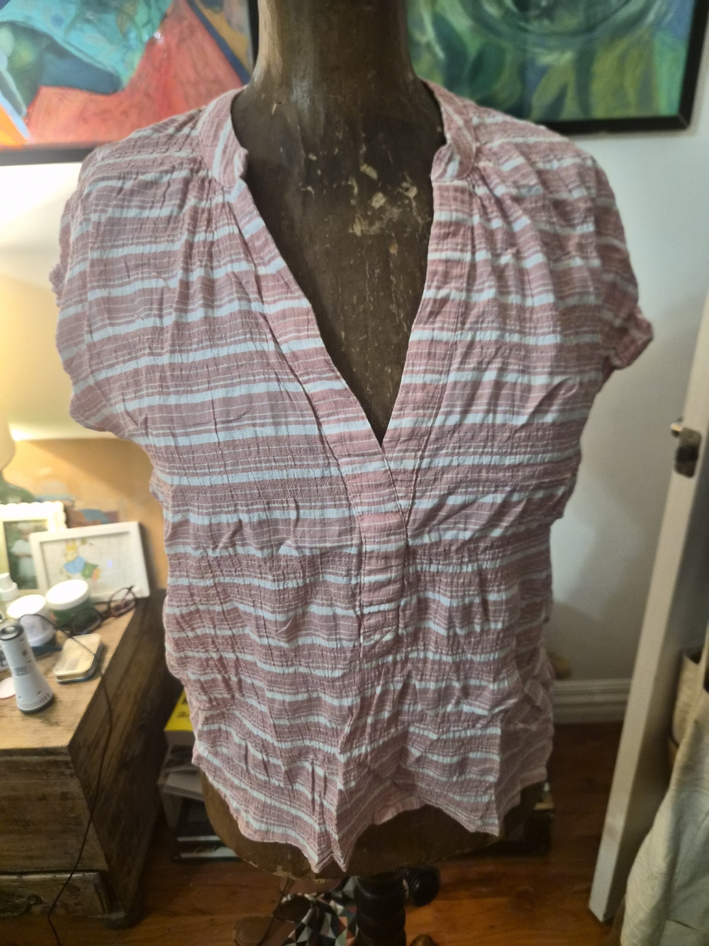 Pilcro Pink and White Striped Short-Sleeve V-Neck Blouse